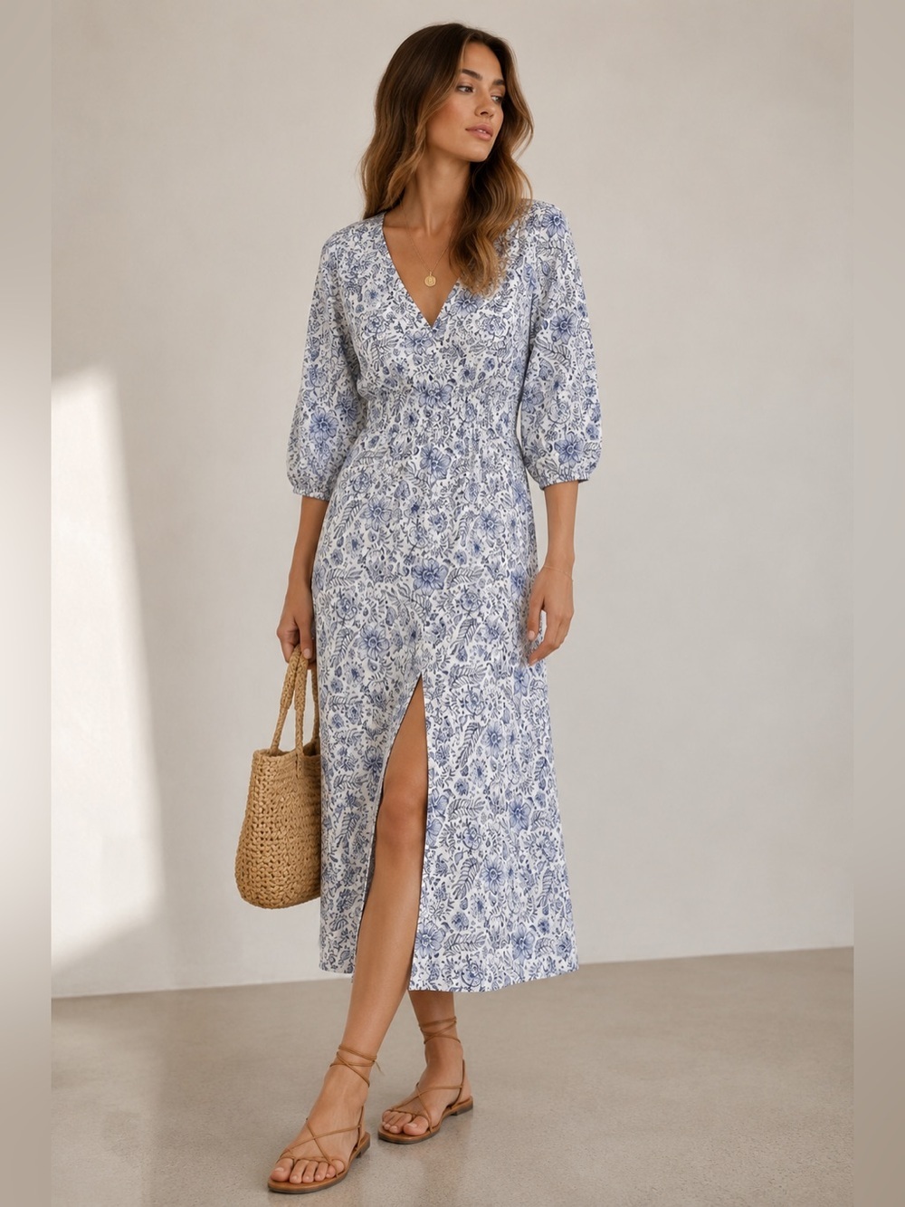 Splendid x Cella Jane Blue Floral Printed Midi Dress XS